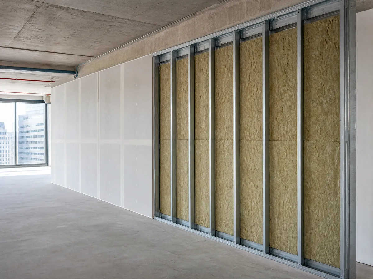 Internal partition on metal studs with mineral wool, partly boarded